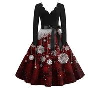 RMBLYfeiye Christmas Dress Kleid Festlich Damen Schwarz Schneeflocke Druck 5Er Jahre Kleider V-Ausschnitt A Linien Abendkleid Mit Gürtel Für Frauen Rotes