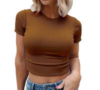 RMBLYfeiye Crop Top Damen Rundhals Einfarbiges Gerippt Kurzarm Y2K Top Slim Fit Party Tops Sommer Blusen Eng Basic T Shirt Yoga Shirt Gym Tank Top Sport Shirt Festliche Oberteile