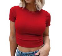 RMBLYfeiye Crop Top Damen Rundhals Einfarbiges Gerippt Kurzarm Y2K Top Slim Fit Party Tops Sommer Blusen Eng Basic T Shirt Yoga Shirt Gym Tank Top Sport Shirt Festliche Oberteile