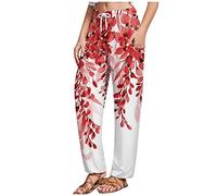 RMBLYfeiye Damen Business Hose Hose Damen Elegant Jeans Hose Damen High Waist Elastische Taille Musterdruck Freizeithose Mit Taschen Tunnelzug Stretch Jogginghose Jogpants Damen (Rot, 3XL