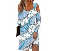 RMBLYfeiye Damen Cocktailkleid Jeanskleid Sommer Kleid Für Hochzeit Langarm V-Ausschnitt Strandkleid Rückenfrei Blumen Bedruckt Hippie Ball