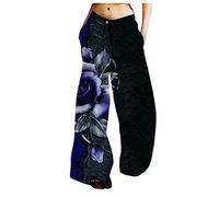 RMBLYfeiye Damen Hose Schwarz Kurze Hosen Damen Sommer Jeggings Damen Low Waist Rose Druck Palazzo Hose Tunnelzug Wide Leg 7/8 Hosen Mit Taschen Elastische Taille Weite Hose Weite Hose Damen
