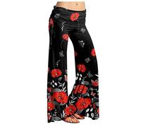 RMBLYfeiye Damen Hose Weites Bein Damen Hosen Elegant Strumpfhose Gefüttert Hautfarben High Waist Geblümt Bedruckt Palazzo Hose Elastische Taille Yoga Hose Stretch Freizeithose Damen-Hosen (Rot, M)