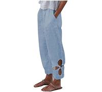 RMBLYfeiye Damen Hose Weites Bein Jeans Hosen Damen Weiße Hose Damen Elastische Taille Einfarbiges Stretch 7/8 Hosen Mit Taschen Tunnelzug Locker Palazzo Hose Trainingshose Damen (Himmelblau S)