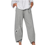 RMBLYfeiye Damen Hosen High Waist Kurze Hosen Damen Hosen Damen Jeans Elastische Taille Feder Druck Stretch 7/8 Hosen Mit Taschen Tunnelzug Locker Palazzo Hose Stoffhose Damen (Light Gray, S)