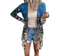 RMBLYfeiye Damen Jacke Winter Pullover Elegant Blazer Blau Blumenmuster Leichte Übergangsjacke Mit Knopfleiste Cardigan Langarm Blouson Dünne Winterjacke