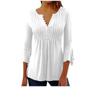 RMBLYfeiye Damen Shirt 3/4 Arm V-Ausschnitt Trompetenärmel Ausgefallene Bluse Blumen Bedruckt Plissee Dreiviertelarm a Linien Trachtenbluse Longshirt Elegante Oberteile Tunika Blusenshirt