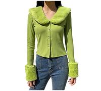 RMBLYfeiye Damen Y2k Langarm Strickpullover mit Fell Einreihiger Pelzkragen Warme Sexy Strickjacke Flauschiger Pelzmantel Strickpullover Schlanke Bluse Frau Herbst Winter Streetwear