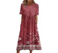 RMBLYfeiye Damenkleider Sommer Weißes Kleid Damen A Linien Festlich Rundhals Blumen Bedruckt Kurzarm Abschlusskleid Mit Taschen Enges