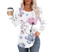 RMBLYfeiye Dirndl Bluse Damen Lässig Uv Shirt Oversize Rundhals Plissee Longshirt Blumen Bedruckt Langarm Basic Elegante Oberteile Yoga XL