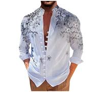 RMBLYfeiye Fitness Shirt Herren Gym Hemd Herren Schwarz Poloshirt Stehkragen Tier Gedruckt Druckknopf Langarmshirt Loose Fit Hawaii Hemd Männer Lockere Henley Shirt Tshirt Weiss (Grau, XXL)