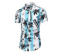 RMBLYfeiye Fitness Shirt Herren Gym Hemd Kariert Herren Cowboy Hemd Reverskragen Tropische Palm Druck Strandhemd Kurzarm Slim Fit Businesshemden Basic Freizeithemd Funktionsshirt (Hellblau, XXL)