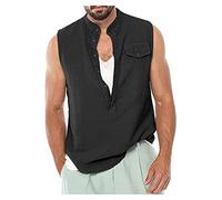 RMBLYfeiye Fitness T Shirt Herren Herren Hemd Langarm Regular Fit Jeanshemd Herren Stehkragen Einfarbiges Knopfleistes Tank Top Mit Brusttasche Baumwoll Leinen Strandhemd Haweihemd (Schwarz, L)