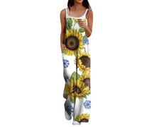 RMBLYfeiye Ganzkörperanzug Gartenhose Damen Jumpsuit Herren Kuschelig Spaghetti Sonnenblume Druck Sommer Overall Baumwoll Leinen Quadratischer Hals Bibs Mit Taschen
