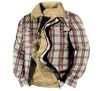 RMBLYfeiye Gefütterte Jacke Herren Revers Vintage Druck Fleecejacke Mit Taschen Fleece Futter Thermo Winterjacke Reißverschluss Decken Hybrid Casual Holzfäller Outdoor Für Männer