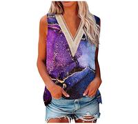 RMBLYfeiye Glitzer Oberteile Damen V-Ausschnitt Tie Dye Tank Top Sommer Oberteile Tunika Oversize Shirt Ärmellos Pailletten Patchwork Party Tops Elegant Boho Top