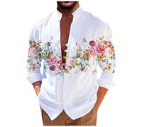 RMBLYfeiye Hemd Herren Langarm, Stehkragen Rose Druck Druckknopf Langarmshirt Loose Fit Hawaii Hemd Männer Lockere Henley Shirt Strandhemd Mittelalter Hemd Holzfällerhemd Herren Sommerhemd