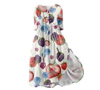 RMBLYfeiye Hemdblusenkleid Damen Lang Maxikleid Sommerkleid Midi Revers Früchte Bedruckt Hemdkleid Mit Gürtel 3/4 Arm Knopfleiste Kurzarm