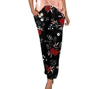 RMBLYfeiye Hose Damen Stretch Yoga Schwarz Elastische Taille Retro Blumen Bedruckt Caprihose Mit Taschen Locker Boho Straight Leg Haremshose Jogginghose