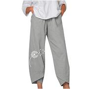 RMBLYfeiye Jeans Hose Damen Kurze Hosen Damen Sommer Caprihose Damen Sommer Elastische Taille Löwenzahn Druck Stretch 7/8 Hosen Mit Taschen Tunnelzug Locker Palazzo Hose Pants Damen (Light Gray, L)