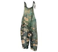 RMBLYfeiye Jumpsuit Damen Elegant Arbeitslatzhose Hochzeitsoutfit Blumen Bedruckt Vintage Baumwoll Leinen Lang Weites Bein Spaghetti Festlich