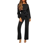 RMBLYfeiye Jumpsuit Damen Elegant Boot-Ausschnitt Einfarbiges Festlich Hosenanzug Langarm Straight Leg Mit Gürtel Business Jumpsuit Elegant Hochzeit Gast
