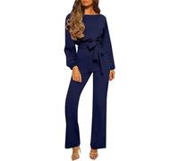 RMBLYfeiye Jumpsuit Damen Elegant Boot-Ausschnitt Einfarbiges Festlich Hosenanzug Langarm Straight Leg Mit Gürtel Business Jumpsuit Elegant Hochzeit Gast