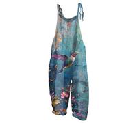 RMBLYfeiye Jumpsuit Damen Lang Blumen Bedruckt Vintage Baumwoll Leinen Weites Bein Spaghetti Locker Sommer Overall Rückenfrei Playsuit Kuschelig Onesie Casual Romper