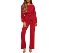 RMBLYfeiye Jumpsuit Damen Lang Overall Schwarz Tier Erwachsene Boot-Ausschnitt Einfarbiges Festlich Hosenanzug Langarm Straight Leg Mit Gürtel Lässiger