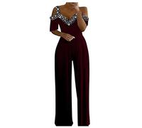 RMBLYfeiye Jumpsuit Damen Lang Rundhals Schulterfrei Jumpsuit Elegant Für Hochzeit Hohe Taille Mesh Cover Jumpsuit Mit Geradem Bein Hosenanzug Damen Business Hosenanzug Damen Festlich Hochzeit