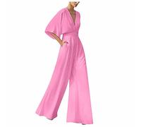 RMBLYfeiye Jumpsuit Damen Lang V-Ausschnitt Einfarbig 3/4 Ärmel Chiffon mit Taschen - Hohe Taille Tailliert Tunika Overall Hosenanzug Elegant für Hochzeit Gast