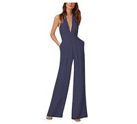 RMBLYfeiye Jumpsuit Damen Lang V-Ausschnitt Einfarbiges 3/4 Ärmel Chiffon Jumpsuit Mit Taschen Hohe Taille Tailliert Tunika Overall Hosenanzug Festlich Jumpsuit Elegant Hochzeit Gast