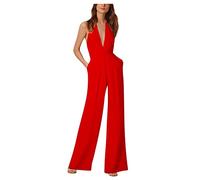 RMBLYfeiye Jumpsuit Damen Lang V-Ausschnitt Einfarbiges 3/4 Ärmel Chiffon Jumpsuit Mit Taschen Hohe Taille Tailliert Tunika Overall Hosenanzug Festlich Jumpsuit Elegant Hochzeit Gast