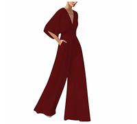 RMBLYfeiye Jumpsuit Damen Lang V-Ausschnitt Einfarbiges 3/4 Ärmel Chiffon Jumpsuit Mit Taschen Hohe Taille Tailliert Tunika Overall Hosenanzug Festlich Jumpsuit Elegant Hochzeit Gast