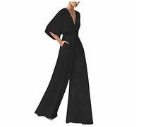 RMBLYfeiye Jumpsuit Damen Lang V-Ausschnitt Einfarbiges 3/4 Ärmel Chiffon Jumpsuit Mit Taschen Hohe Taille Tailliert Tunika Overall Hosenanzug Festlich Jumpsuit Elegant Hochzeit Gast