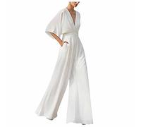 RMBLYfeiye Jumpsuit Damen Lang V-Ausschnitt Einfarbiges 3/4 Ärmel Chiffon Jumpsuit Mit Taschen Hohe Taille Tailliert Tunika Overall Hosenanzug Festlich Jumpsuit Elegant Hochzeit Gast, XXL, Weiß