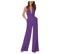 RMBLYfeiye Jumpsuit Damen Lang V-Ausschnitt Einfarbiges 3/4 Ärmel Chiffon Jumpsuit Mit Taschen Hohe Taille Tailliert Tunika Overall Hosenanzug Festlich Jumpsuit Elegant Hochzeit Gast