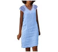 RMBLYfeiye Kleid Damen，Leinenkleid Damen V-Ausschnitt Einfarbiges Ärmellos Midikleid A Linien Bleistiftkleid Baumwoll Leinen Sommerkleid