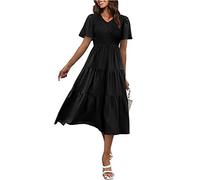 RMBLYfeiye Kleid Damen,Sommerkleid Damen Rundhals Einfarbiges Gerippt Stickerei Maxikleid Puffärmel A Linien Plissiertes Tunika Kleid Rüschensaum Ballkleider Lang