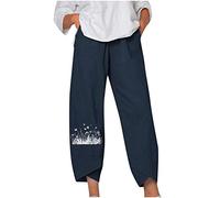 RMBLYfeiye Kurze Hose Damen Stoffhosen Für Damen Sommerhose Damen Leicht Elastische Taille Löwenzahn Druck Stretch 7/8 Hosen Mit Taschen Tunnelzug Locker Palazzo Hose Regenhose Damen (Dunkelblau, S)