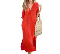 RMBLYfeiye Lange Abendkleider Damenkleider Festlich Sommerkleider Damen Kurz Baumwoll Leinen Einfarbiges Sommerkleid 3/4 Arm V-Ausschnitt Maxikleid Kleid