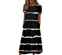 RMBLYfeiye Lange Abendkleider Strandkleid Damen Große Größen Radler Unter Dem Kleid Rundhals Gestreifter Druck Kurzarm Ballkleider Mit Taschen Tüll