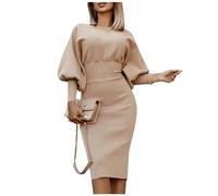RMBLYfeiye Lange Kleider Damen Elegant Langes Kleid Damenkleider Herbst Rundhals Einfarbiges Laternenärmel Business A Linien Bleistiftkleid Wickelkleid Glitzer