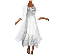 RMBLYfeiye Lange Sommerkleider Damen, Maxikleid Langarm Kleid Sexy Rundhals Blumen Bedruckt Abendkleid Mit Chiffon Jacke Kleid Damen Festlich Elegant Rockabilly Kleider Damen(Weiß,XL)(Weiß,XL)