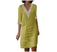RMBLYfeiye Langes Kleid Damen Elegant，Leinenkleid Damen V-Ausschnitt Einfarbiges Ärmellos Midikleid A Linien Bleistiftkleid Baumwoll Leinen Sommerkleid