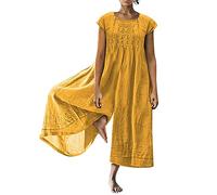 RMBLYfeiye Latzhose Damenrevers Einfarbiges Langarm Latzhose Mit Taschen Knopfleiste Weites Bein Trägerhose Baumwoll Leinen Sommer Overall Gelb Jumpsuit(Gelb, 3XL)