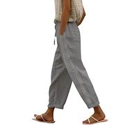 RMBLYfeiye Leinenhose Damen Einfarbiges High Waist 7/8 Hosen Mit Taschen Elastische Taille Tunnelzug Business Hose Straight Leg Chino Stoffhose Freizeithose Sommerhose Leicht