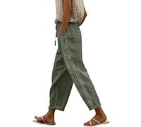 RMBLYfeiye Leinenhose Damen Einfarbiges High Waist 7/8 Hosen Mit Taschen Elastische Taille Tunnelzug Business Hose Straight Leg Chino Stoffhose Freizeithose Sommerhose Leicht