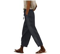 RMBLYfeiye Leinenhose Damen Einfarbiges High Waist 7/8 Hosen Mit Taschen Elastische Taille Tunnelzug Business Hose Straight Leg Chino Stoffhose Freizeithose Sommerhose Leicht