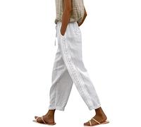 RMBLYfeiye Leinenhose Damen Einfarbiges High Waist 7/8 Hosen Mit Taschen Elastische Taille Tunnelzug Business Hose Straight Leg Chino Hose Stoffhose Freizeithose Sommerhose Damen Leicht